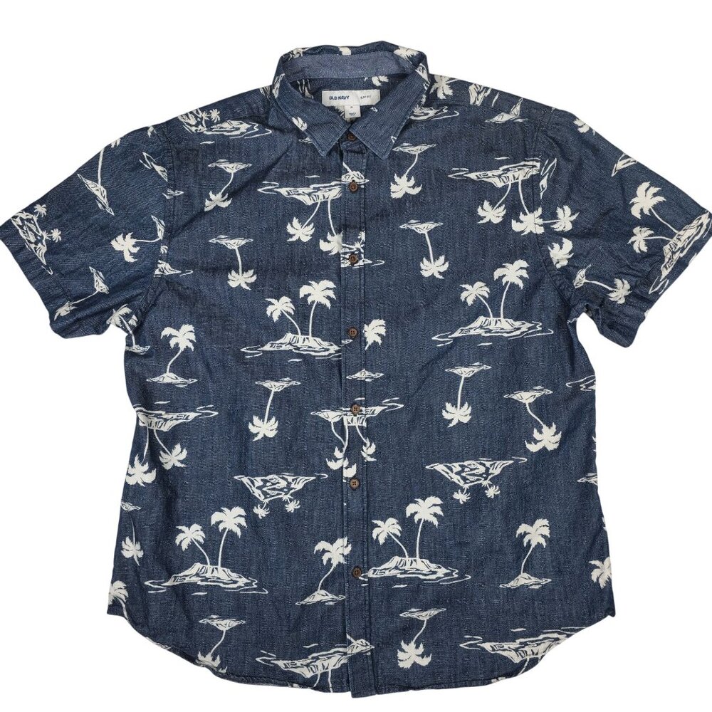 Old Navy Mens Slim-Fit Printed Chambray Shirt XL Blue & White Short-sleeves
